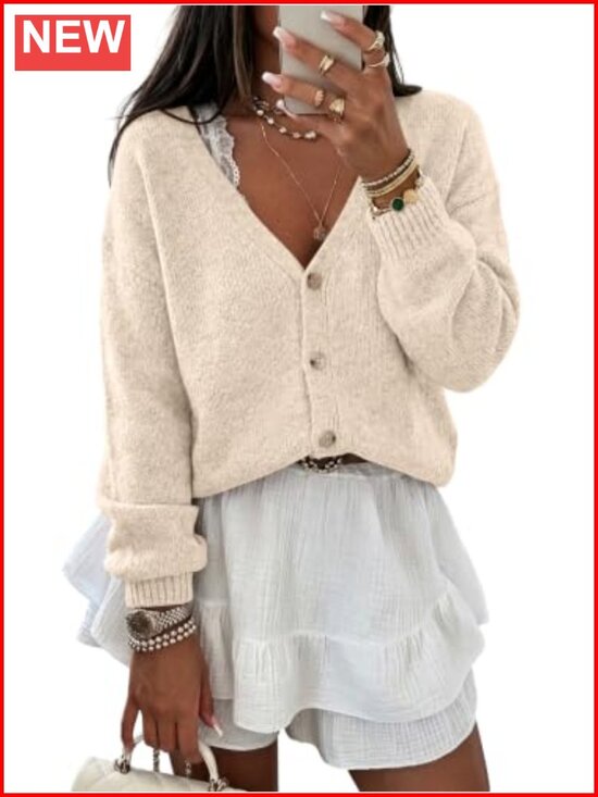 Sweaters - Oversized Crop Cardigan Chunky Knit Sweater Button Down Open Front V Neck